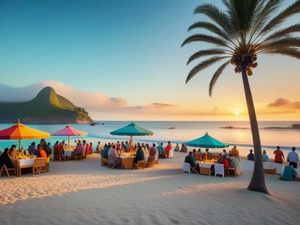 Una vibrante celebración comunitaria costera con gente de todas las edades disfrutando de diversas actividades bajo el atardecer junto al mar