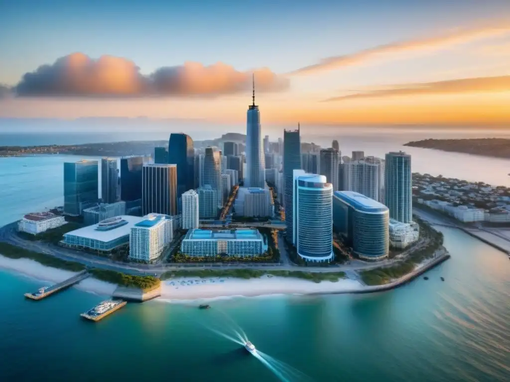Skyline costero al atardecer con propiedades REIT destacadas Vibrante ciudad costera al atardecer con REITs costeros potencial crecimiento