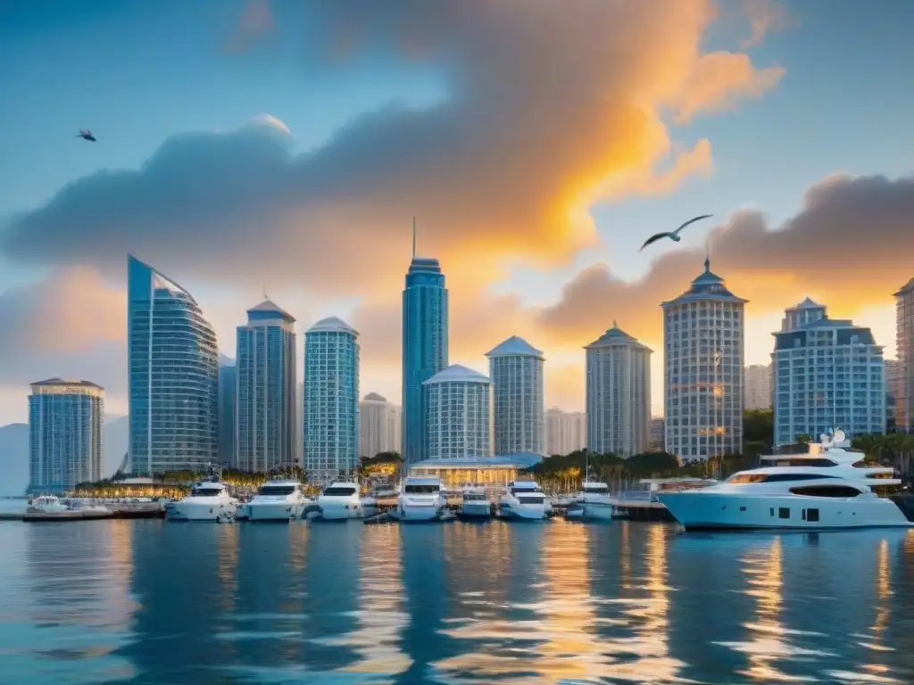 Horizonte costero vibrante al atardecer: inversión inmobiliaria en REITs Vibrante ciudad costera al atardecer, con rascacielos, veleros y gaviotas