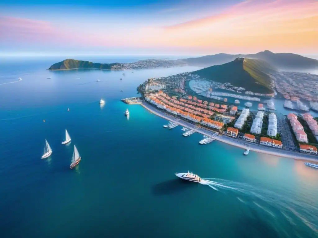 Vista aérea al atardecer de ciudad costera vibrante Vibrante ciudad costera al atardecer con modernos edificios, yates, cafés y paseos bajo cielo naranja y rosa