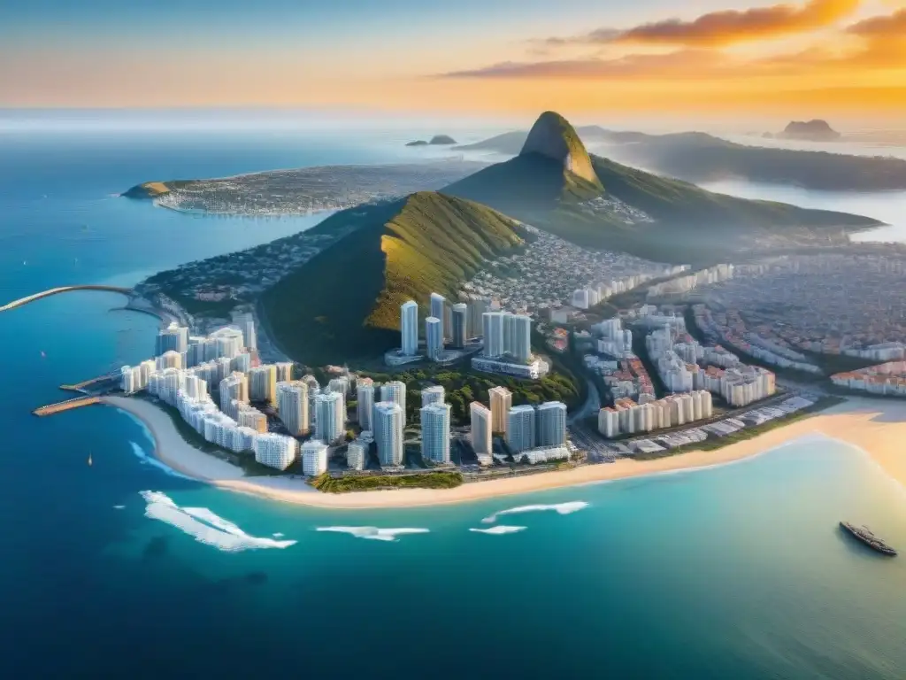 Paisaje urbano costero al atardecer: modernidad frente al mar Vibrante ciudad costera al atardecer, con modernos rascacielos iluminados por el sol, reflejando potencial crecimiento de REITs costeros