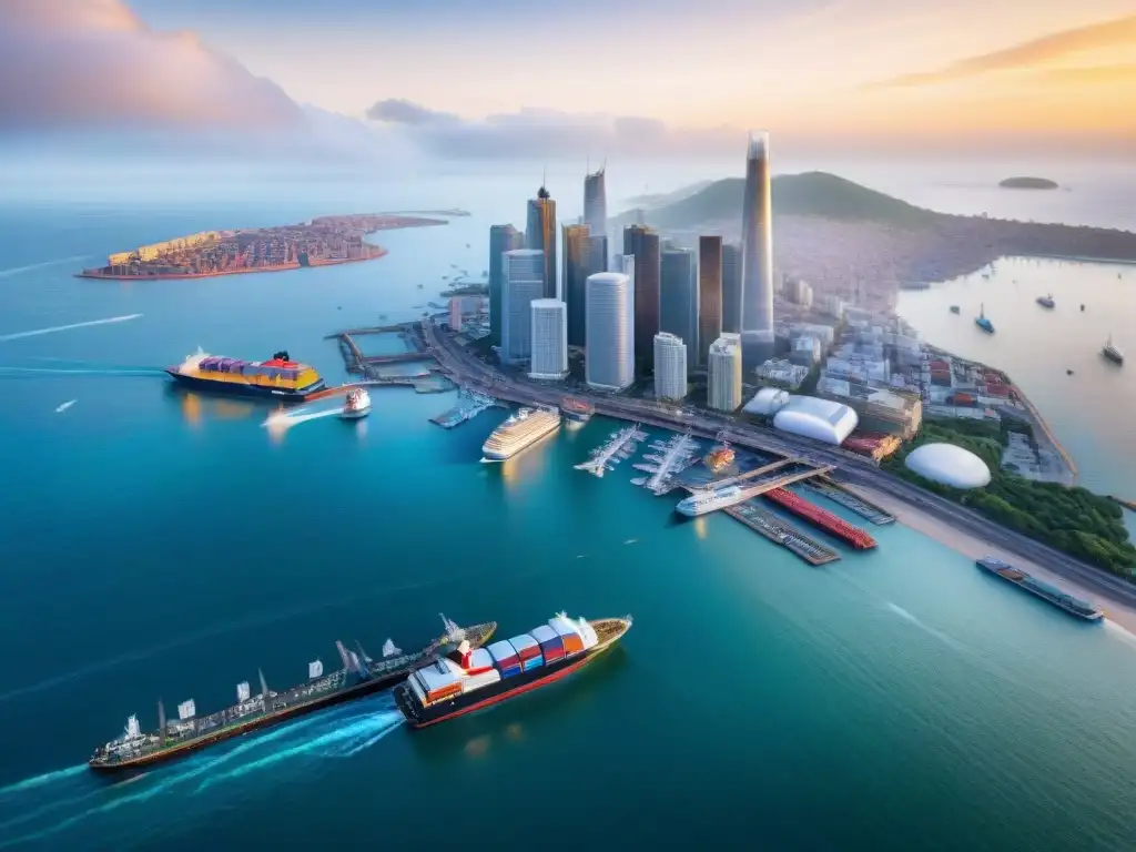 Vista aérea cautivadora de ciudad costera en pleno auge Vibrante ciudad costera con mercados emergentes y paisaje inmobiliario