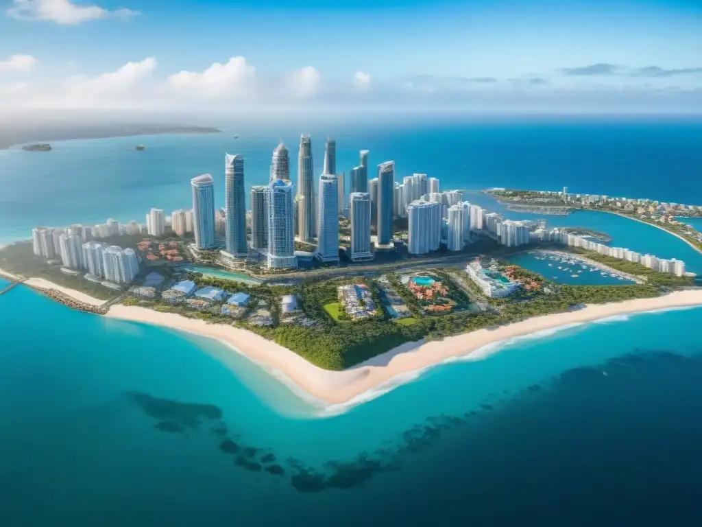 Costa urbana vibrante: desarrollo inmobiliario moderno junto al mar Vibrante ciudad costera con modernos rascacielos y REITs costeros tendencias proyecciones