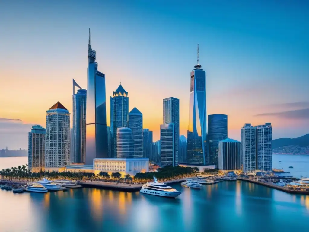 Skyline vibrante: ciudad costera en alza al amanecer Vibrante ciudad costera al amanecer con modernos edificios y arquitectura tradicional