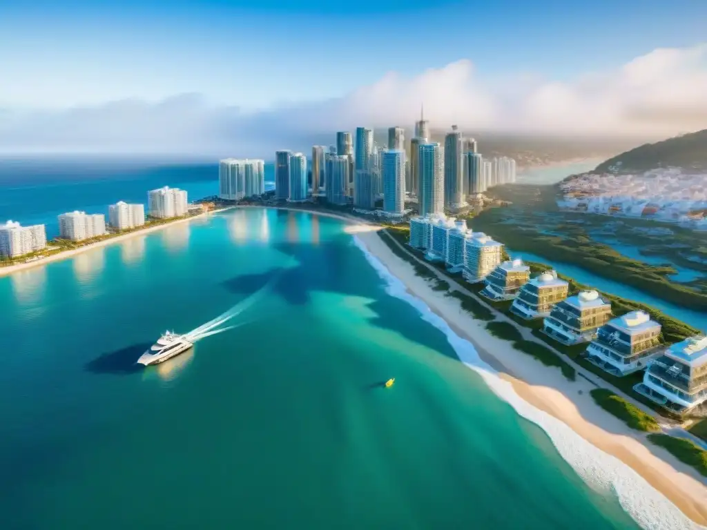 Inversión inmobiliaria costera: ciudad costera con rascacielos y marina Vibrante ciudad costera con rascacielos, yates en la marina y olas en la playa