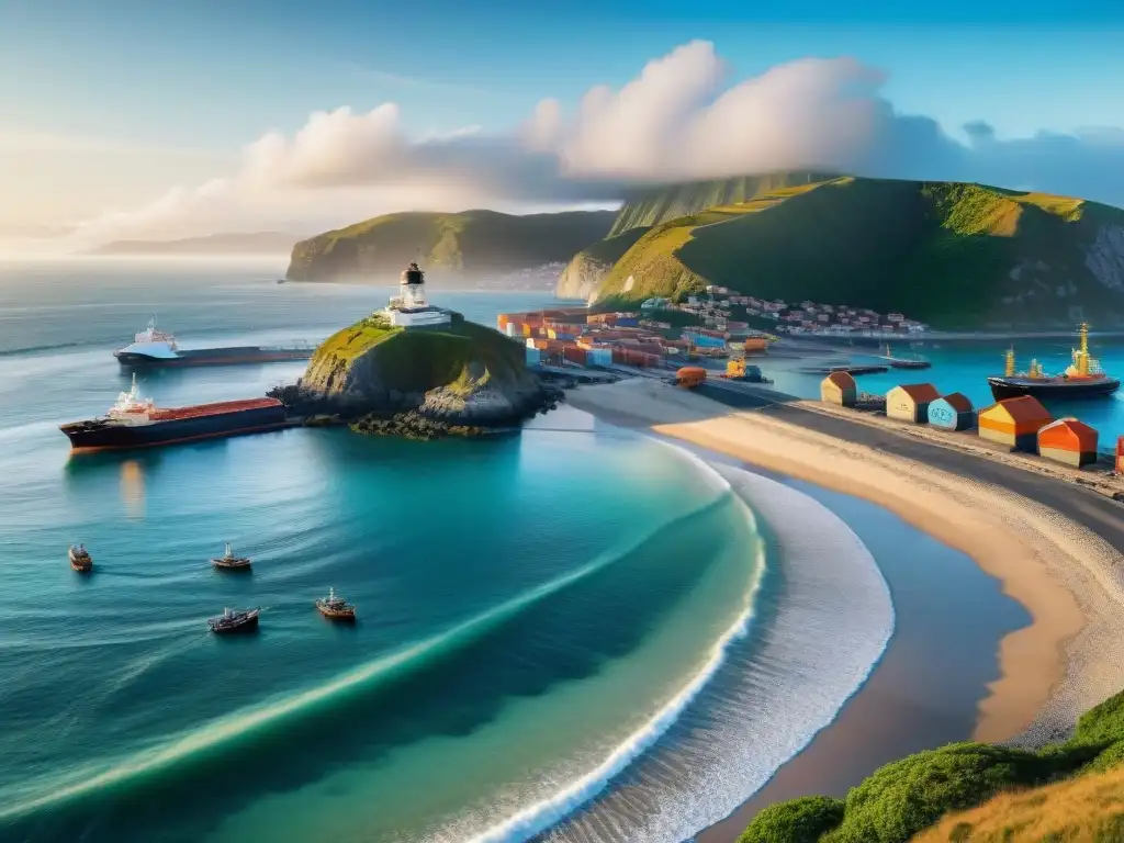 Vida costera: ciudad internacional entre rascacielos y casas tradicionales Vibrante ciudad costera con rascacielos modernos y casas tradicionales, personas pescando y surfeando, barcos en el puerto