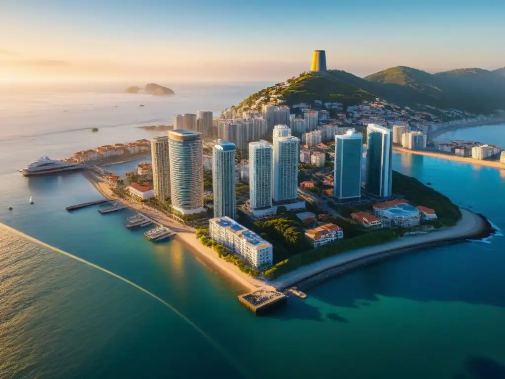 Blockchain: Transacciones inmobiliarias en ciudad costera Vibrante ciudad costera con transacciones inmobiliarias costeras blockchain integradas en modernos edificios junto al mar al atardecer
