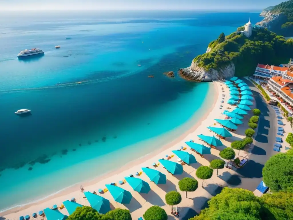 Costa tropical: Playa vibrante y turismo gastronómico bajo el sol Vibrante ciudad costera con turistas disfrutando en restaurantes junto al mar y plataformas de alquiler turismo costero