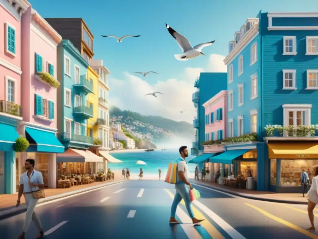 Escena urbana con encanto costero en tonos pastel Vibrante ciudad con edificios de colores pastel, gente con tablas de surf y bolsas de playa