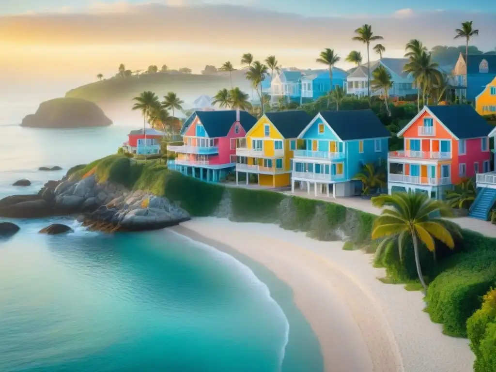 Atardecer sereno en comunidad costera: vida sana y belleza junto al mar Vibrante comunidad costera al amanecer, con casas coloridas, palmeras y actividades saludables