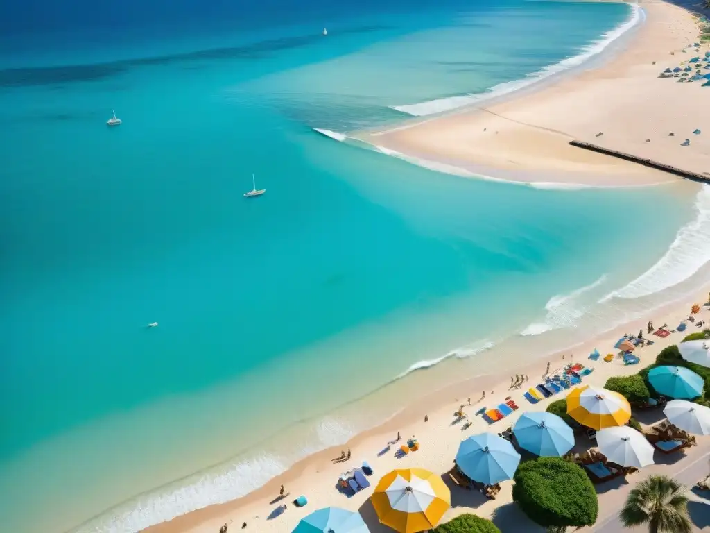 Playa paradisíaca: vibrante comunidad costera con colores y vida Vibrante comunidad costera con sombrillas, surfistas y ambiente playero, factores clave comunidad costera