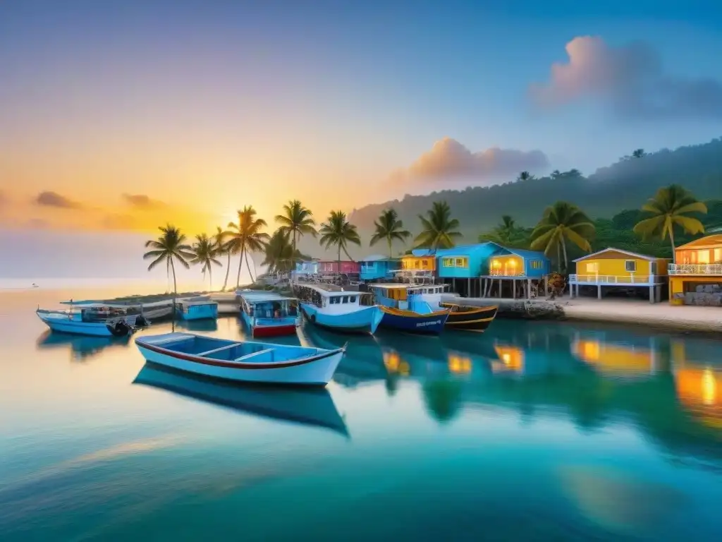Amanecer en comunidad costera: pesca, surf y vida tranquila Vibrante comunidad costera vida junto al mar al amanecer, con botes de pesca, palmeras y actividades matutinas de pesca y surf