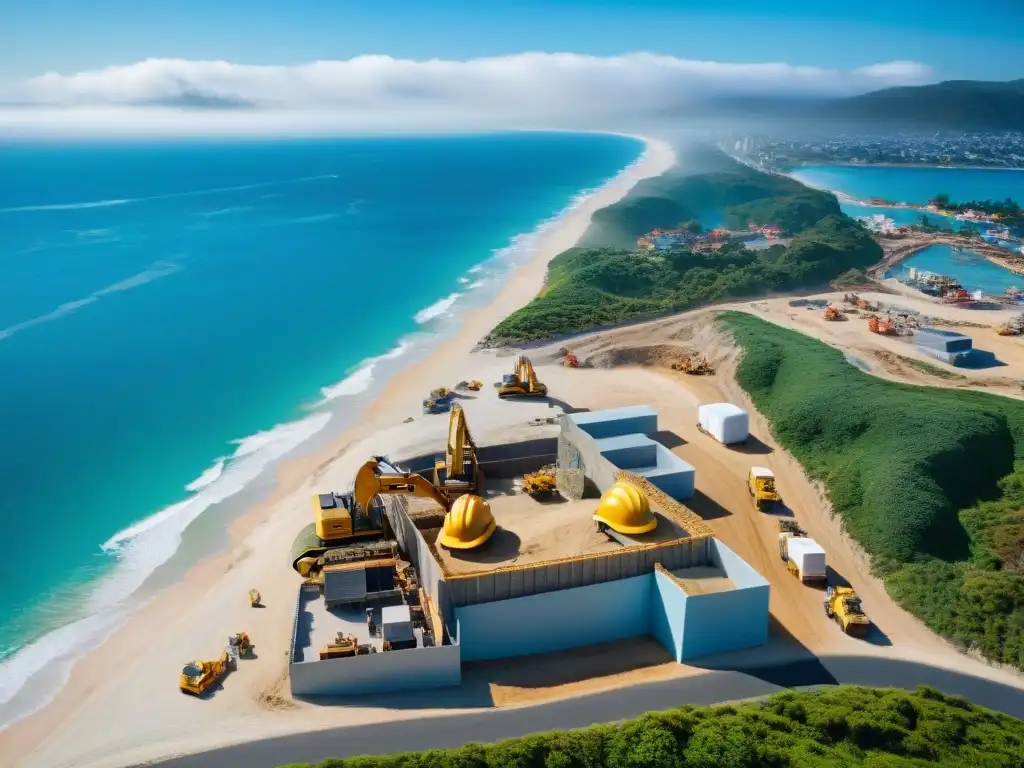 Vibrante construcción costera junto al mar Vibrante construcción de hogar costero con trabajadores, maquinaria y el mar de fondo
