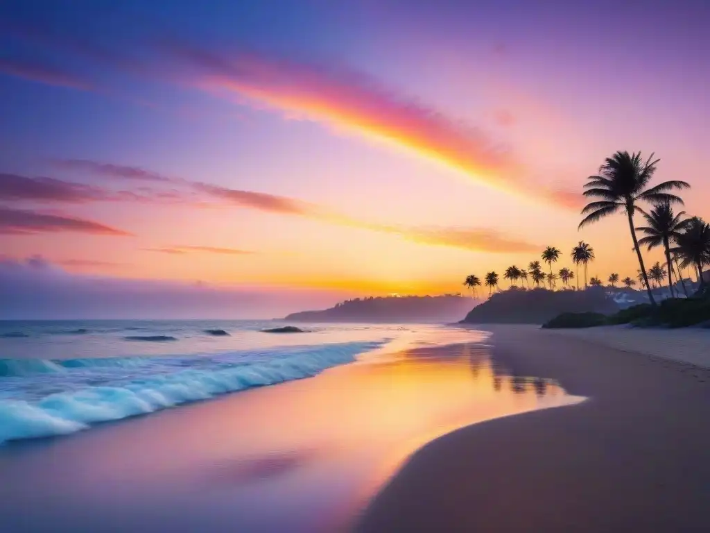 Puesta de sol vibrante sobre el Pacífico: playa dorada y palmeras Anochecer vibrante en la Costa del Pacífico con palmeras, playa dorada y cielo pastel