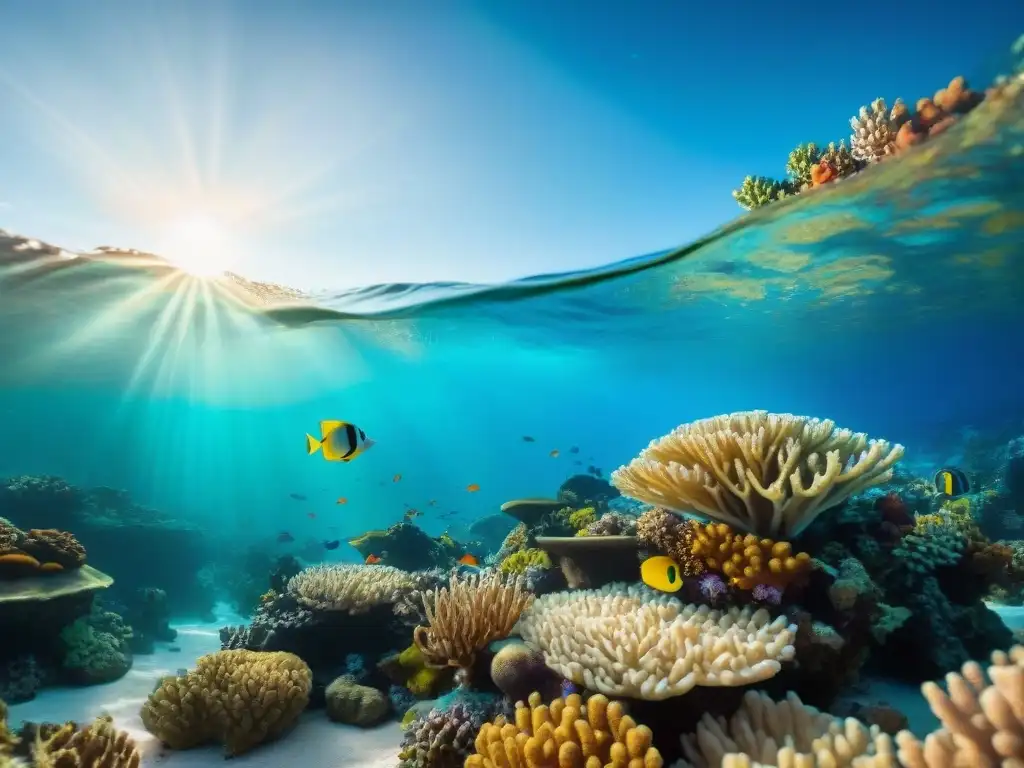 Arrecife de coral lleno de vida marina Un vibrante ecosistema de arrecife de coral, con peces coloridos entre formaciones coralinas, agua cristalina y luz solar