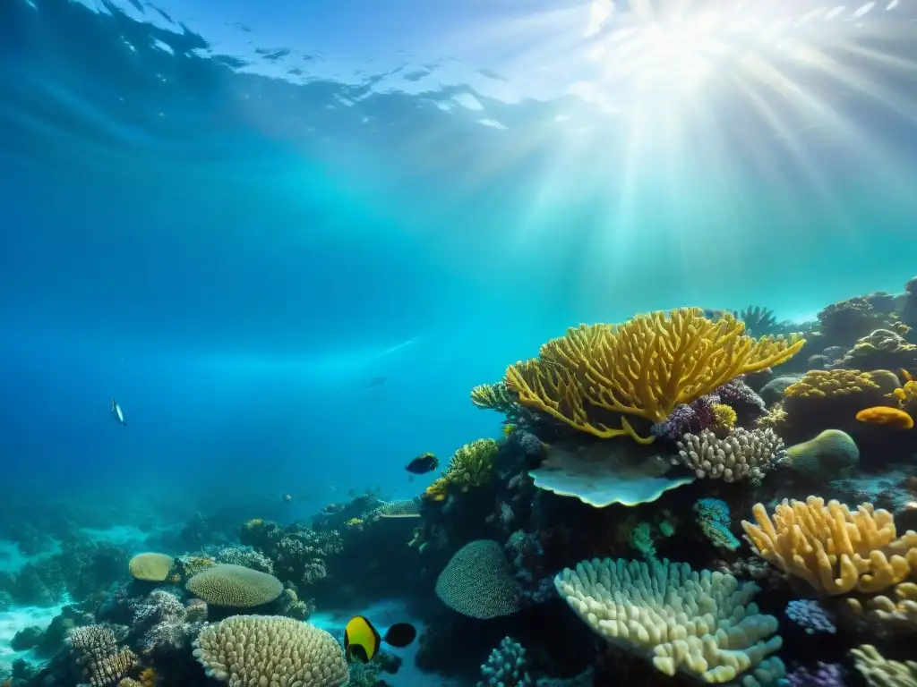 Arrecife de coral vibrante: belleza y diversidad marina Un vibrante ecosistema coralino en un océano tropical, ilustrando la belleza y importancia de la conservación ecosistemas costeros educación ambiental
