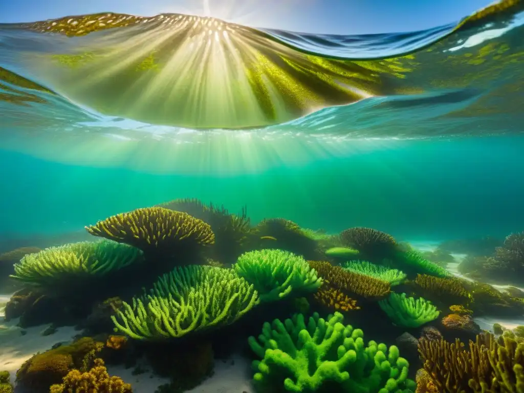 Algas costeras: vida marina y vitalidad oceánica Un vibrante ecosistema costero con algas verdes y marrones, vida marina colorida y luz filtrándose a través del agua