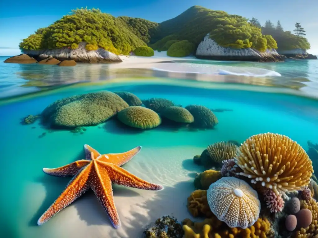 Armonía marina: Ecosistema costero diverso y vibrante Un vibrante ecosistema costero con especies clave: peces, estrellas de mar y erizos marinos entre corales