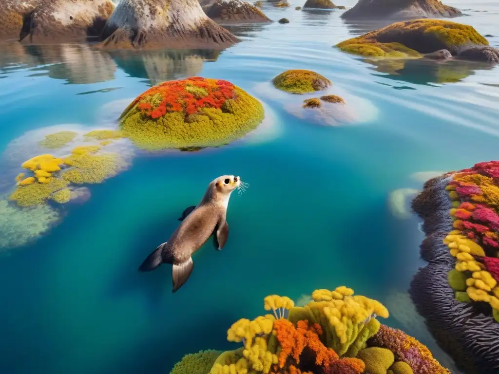 Vida marina vibrante en ecosistema costero: otters, aves y más Un vibrante ecosistema costero con especies clave como nutrias marinas entre bosques de algas y aves marinas, resaltando la interconexión