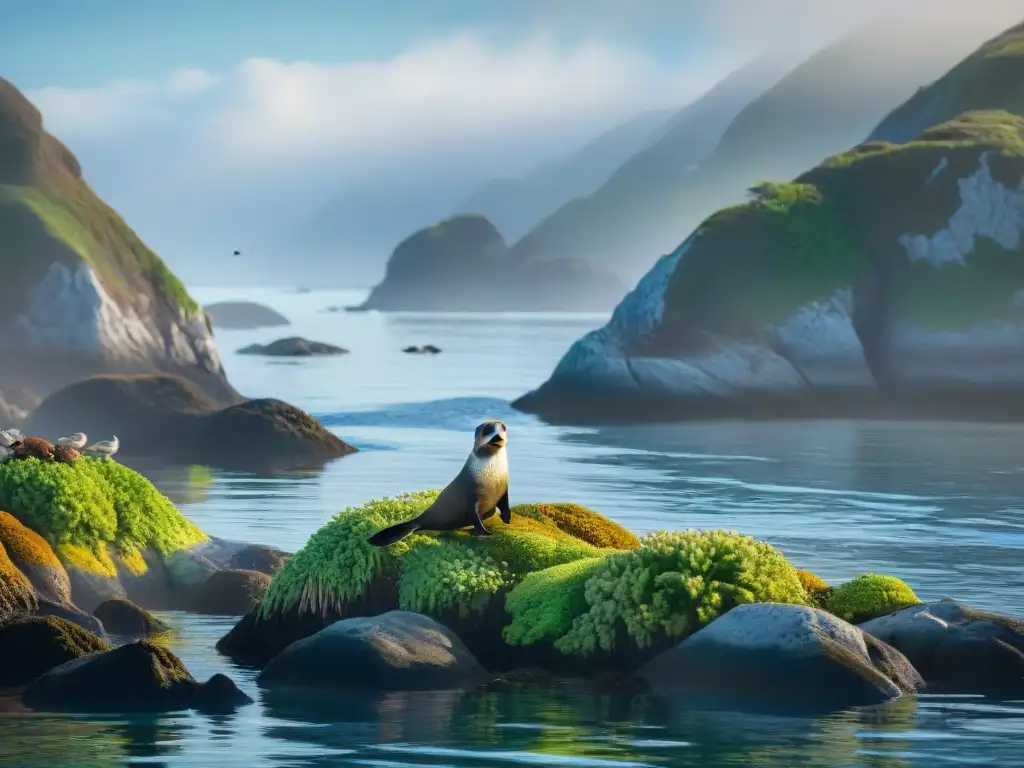 Ecosistema costero vibrante: vida marina en armonía Un vibrante ecosistema costero lleno de vida con especies clave como nutrias marinas y aves, ilustrando la interconexión