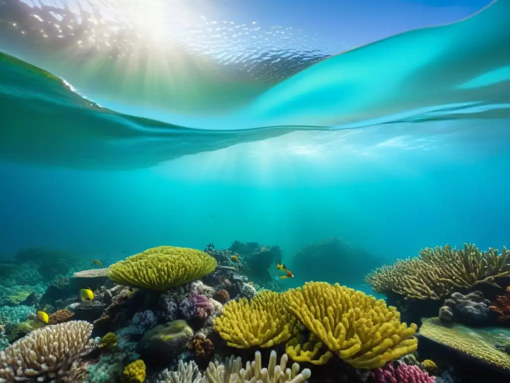 Vibrante ecosistema costero: vida marina colorida y coral detallado Un vibrante ecosistema costero lleno de biodiversidad, con peces coloridos, corales intrincados y plantas diversas