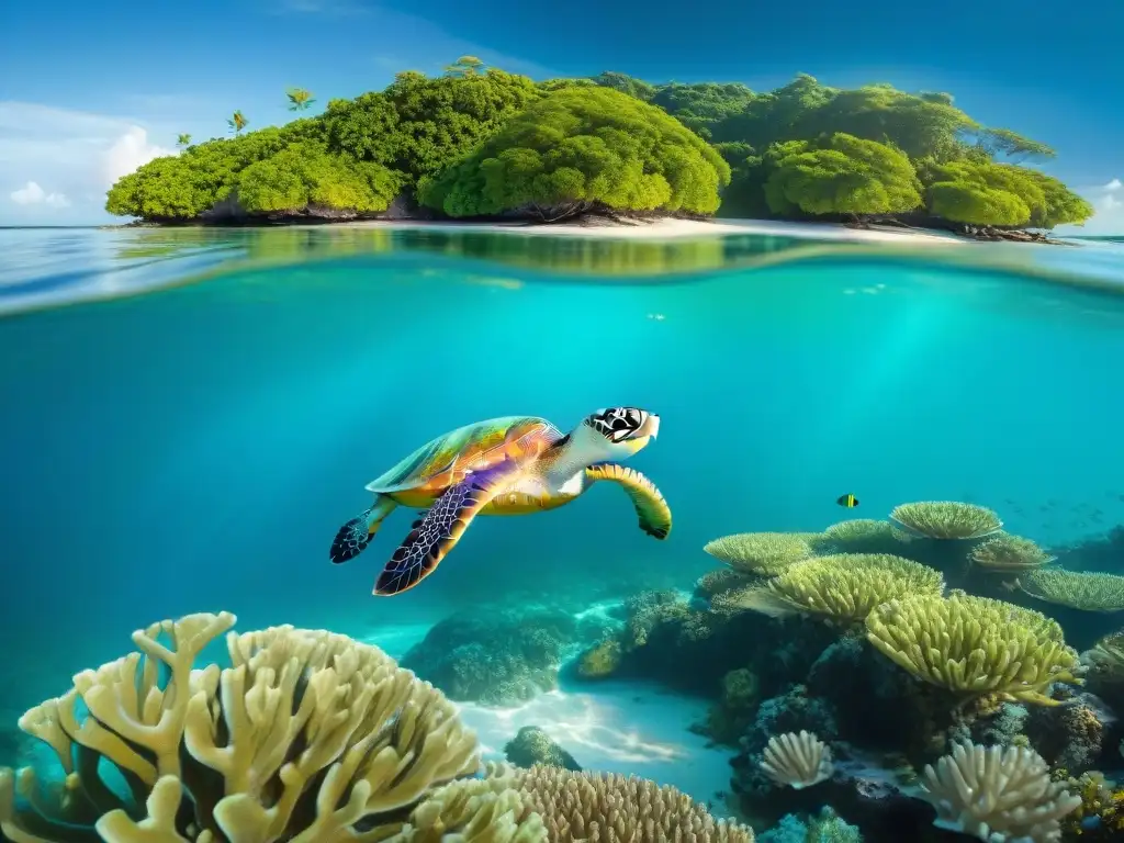 Ecosistema costero vibrante: coral, peces, tortugas y manglares Un vibrante ecosistema costero lleno de biodiversidad única: arrecifes de coral coloridos, peces exóticos, tortugas marinas y manglares