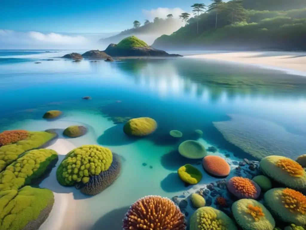 Vibrante ecosistema costero: biodiversidad en acción Un vibrante ecosistema costero lleno de vida: estrellas de mar, anémonas y peces en pozas de marea, playa, aves y bosque