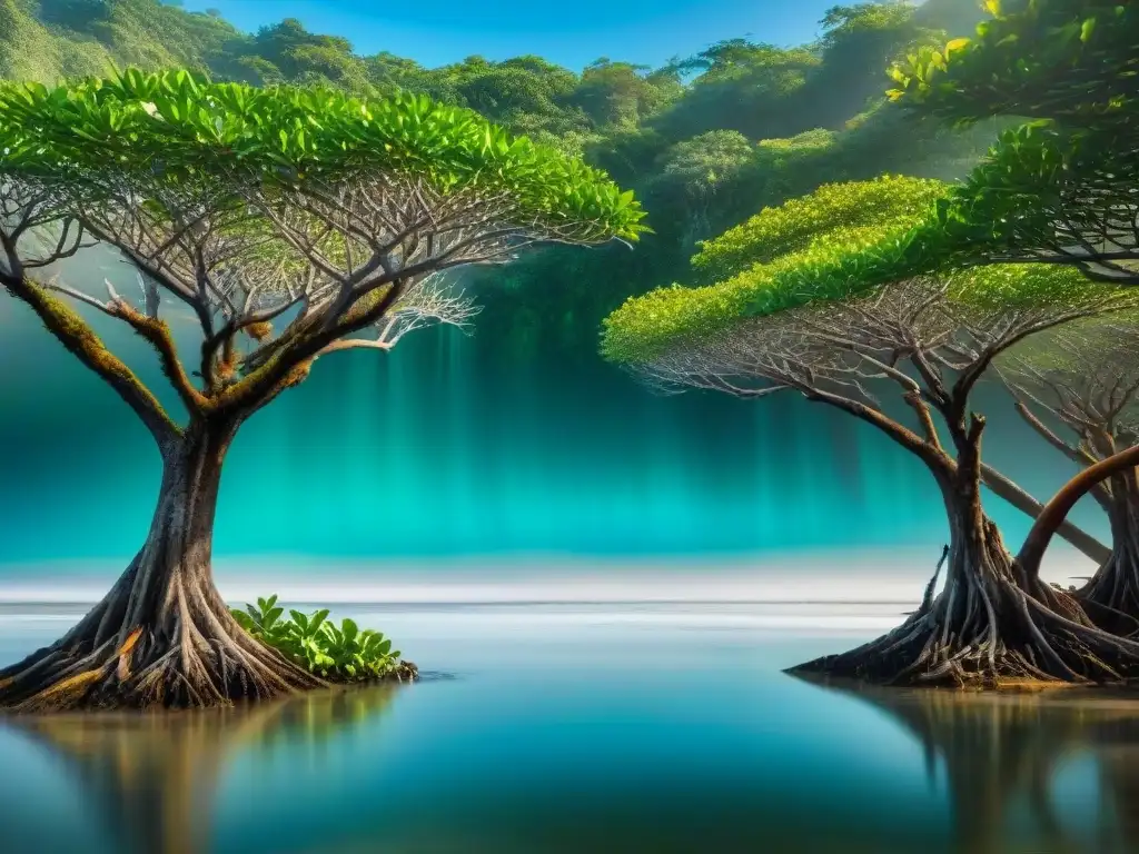 El asombroso ecosistema costero: vida exuberante en manglares vibrantes Un vibrante ecosistema costero lleno de vida, destaca la importancia de la protección de los ecosistemas costeros