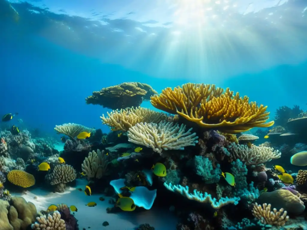 Arrecife de coral vibrante: belleza y diversidad marina Un vibrante ecosistema marino en arrecife de coral, muestra la diversidad de la vida marina y la fragilidad ante la acidificación de los océanos