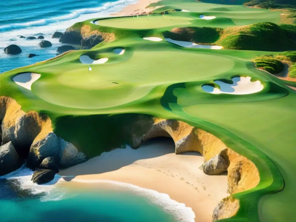 Campo de golf costero: belleza serena entre verde y azul Vibrante escena de campos de golf con vistas al mar, golfistas disfrutan entre verdes y azules paisajes costeros