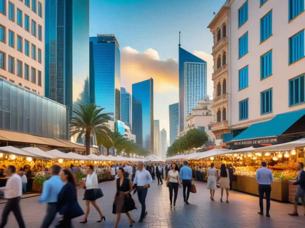 Vibrante escena del distrito financiero de Tel Aviv al atardecer Vibrante escena de Tel Aviv capital costera innovadora con rascacielos modernos y profesionales en animadas discusiones