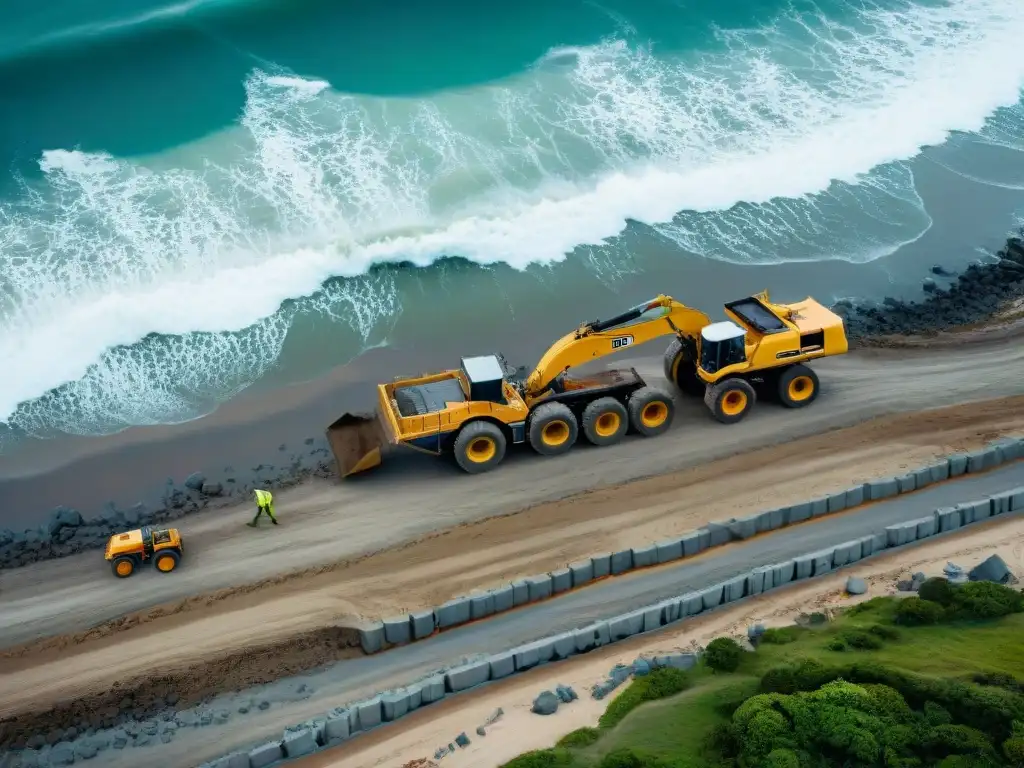 Construcción costera: maquinaria, trabajadores y mar en acción Vibrante escena de construcción costera con maquinaria pesada y trabajadores, frente al mar