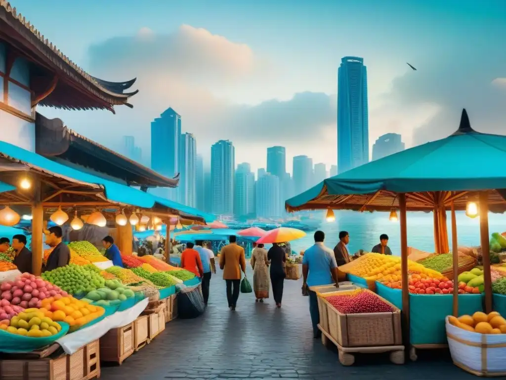 Mercado costero vibrante en 2023: fusión de tradición y modernidad Vibrante escena en mercado costero emergente 2023 con vendedores, frutas, mariscos y artesanías bajo coloridos toldos
