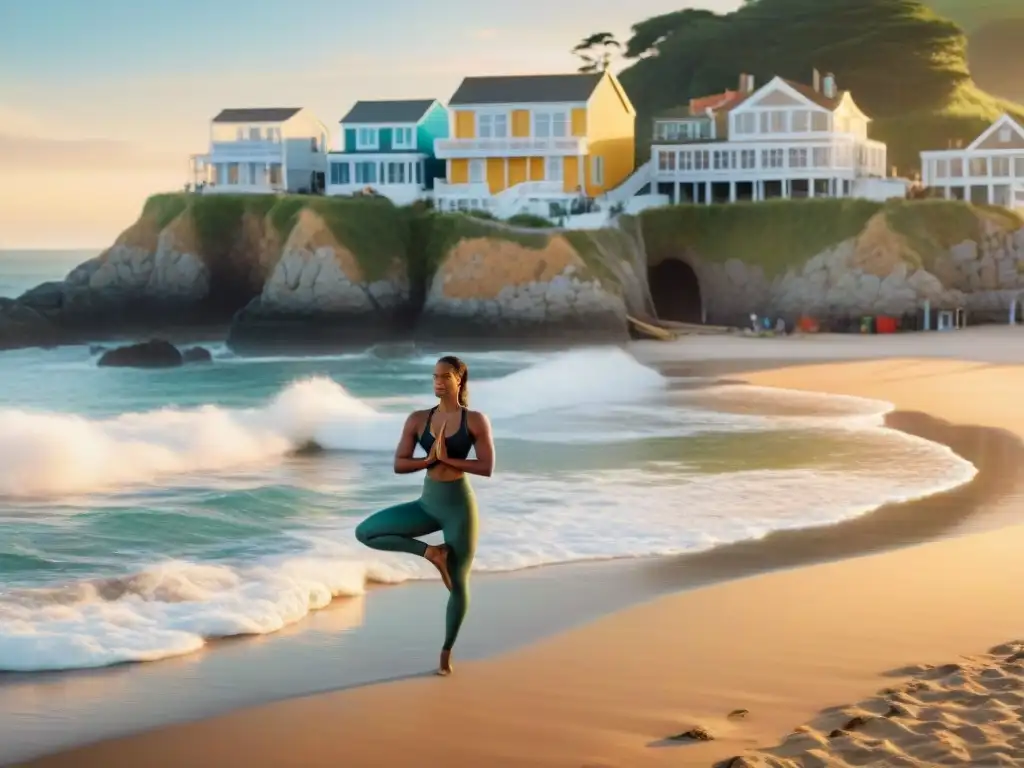 Estilo documental: Vida costera vibrante y saludable al atardecer Un vibrante estilo de vida costero saludable: yoga, surf, jogging y mercado junto al mar al atardecer