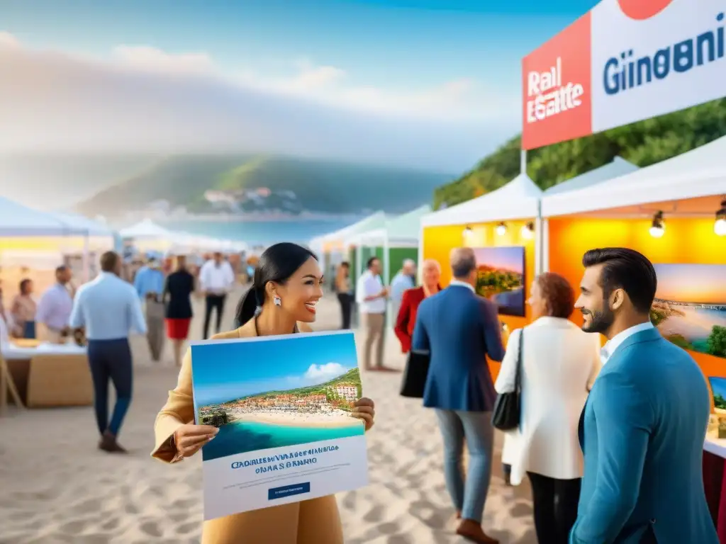 Feria inmobiliaria costera: diversidad de inversores explorando propiedades Vibrante feria inmobiliaria en la costa con diversidad de asistentes explorando propiedades, agentes entusiastas y stands coloridos