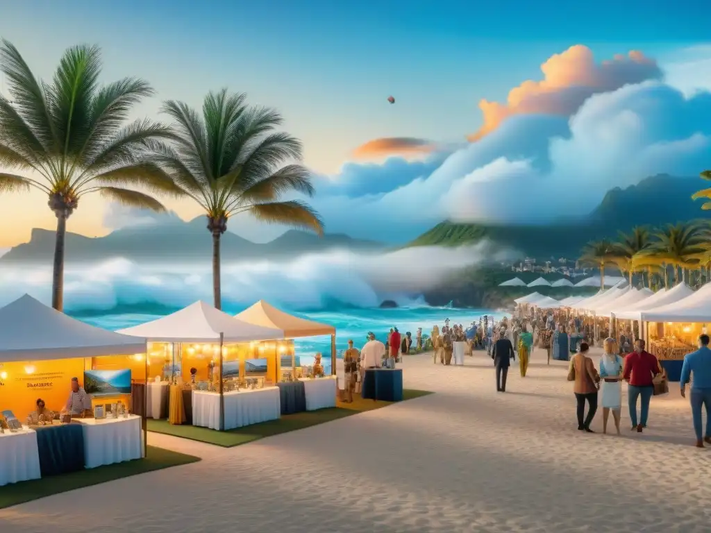 Feria inmobiliaria en la costa: vibrante y profesional Vibrante feria inmobiliaria en la costa con propiedades de ensueño y ambiente profesional