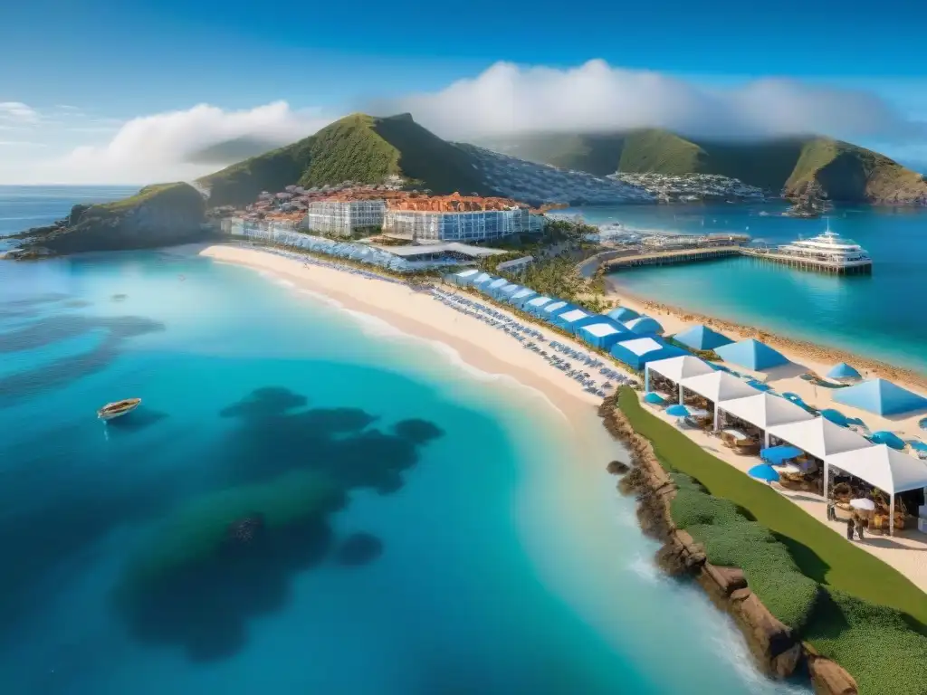 Feria inmobiliaria costera: lujo y diversidad junto al mar Vibrante feria inmobiliaria en la costa con modernos edificios y casas encantadoras