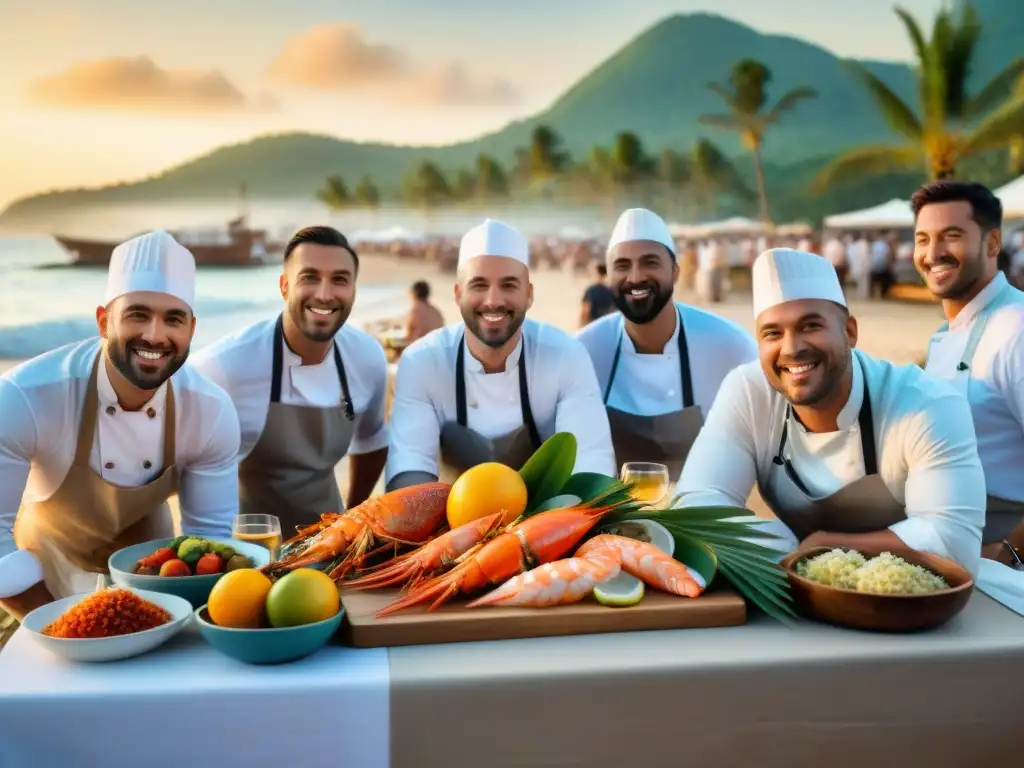Festival gastronómico costero: escena vibrante y diversa Un vibrante festival gastronómico costero con chefs, locales y turistas disfrutando de mariscos y frutas exóticas en la playa al atardecer