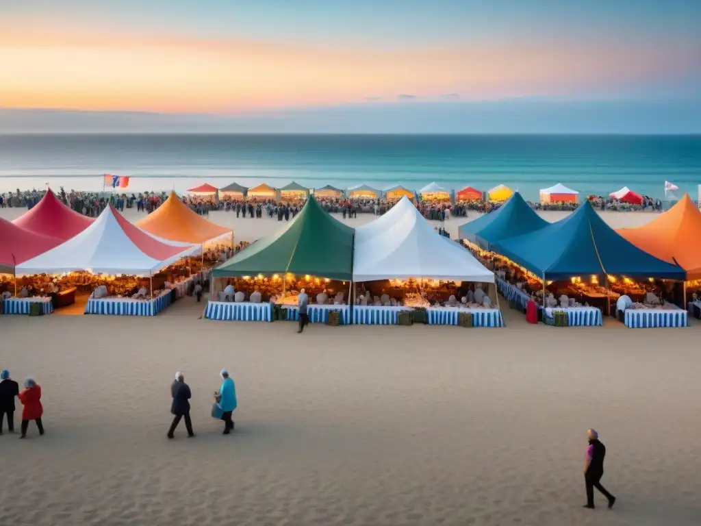 Festival costero: Diversidad culinaria y alegría en la playa Un vibrante festival gastronómico costero internacional con diversa comida y gente feliz en la playa al atardecer