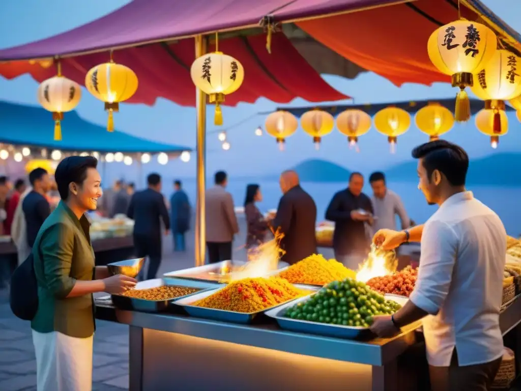 Mercado gastronómico multicultural al atardecer en paseo costero Un vibrante festival gastronómico costero internacional al atardecer
