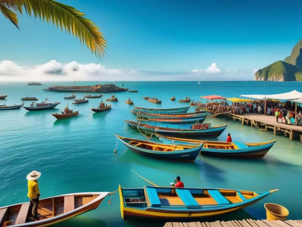 Festival náutico: colores y tradición en la costa Vibrante festival náutico costero en América Latina con barcos pesqueros decorados y locales descargando pescado
