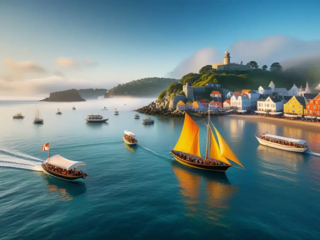 Esplendor festivo en el mar: tradicional fiesta náutica costera Un vibrante festival náutico costero del mundo, con coloridas embarcaciones y festivas banderas en aguas cristalinas bajo un cielo azul