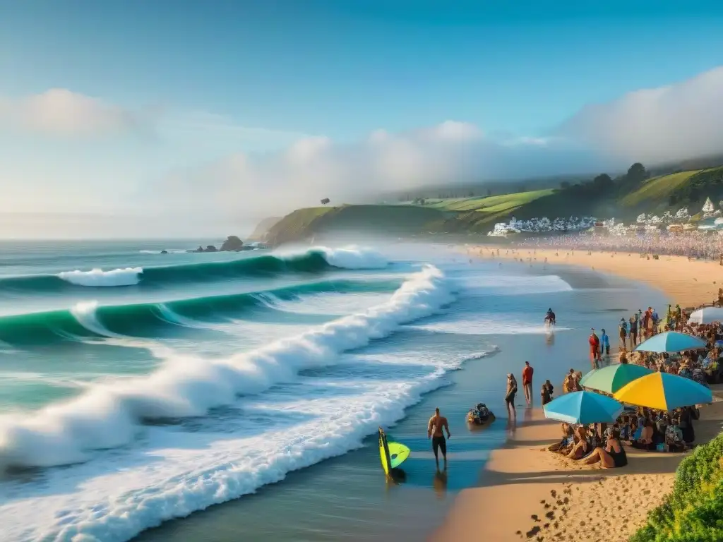 Escena costera vibrante: surf, comunidad y sostenibilidad Vibrante festival de surf costero con olas impresionantes, comunidad unida y conciencia ambiental
