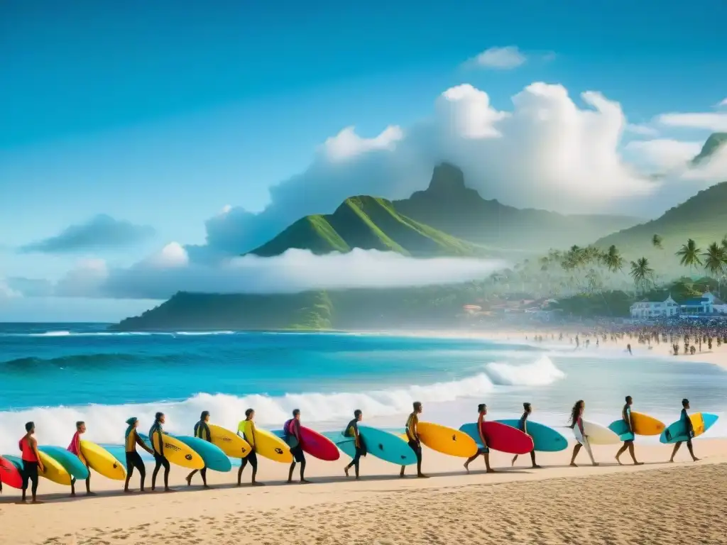 Escena vibrante de festival de surf en pueblo costero Un vibrante festival de surf costero con surfistas, música tradicional y artesanías hechas a mano