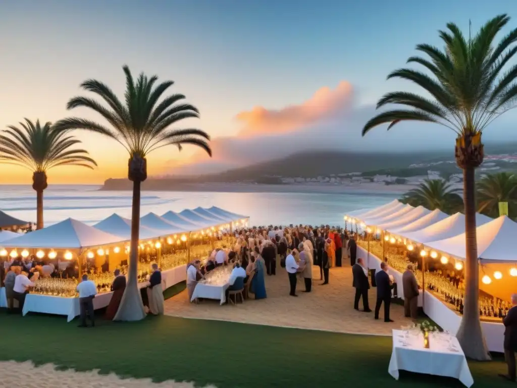 Festival de vinos costeros: degustaciones al atardecer Un vibrante festival de vino en la costa con puestos decorados y gente disfrutando de vinos del mundo