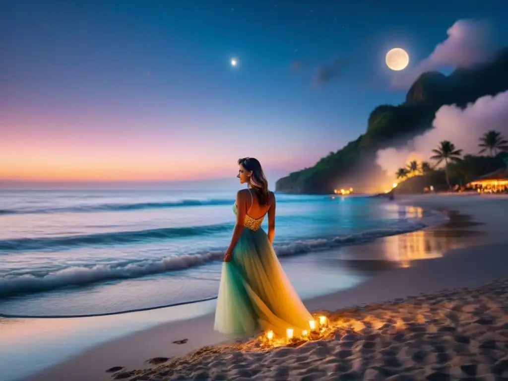 Full Moon Party: Celebración mágica en la playa tropical Una vibrante fiesta en la playa bajo la luna llena, con gente bailando, luces coloridas y un ambiente mágico