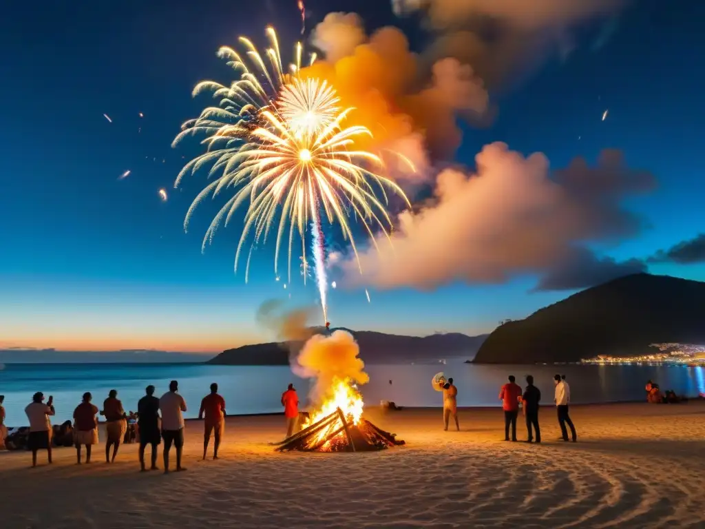 Espectáculo vibrante: Fiesta de San Juan en Paraíso Costero Una vibrante Fiesta de San Juan tradiciones: hoguera en la playa, gente bailando, fuegos artificiales y reflejos en el mar