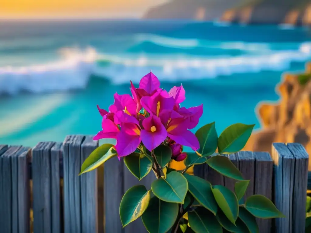 Bellísima bougainvillea morada junto al mar al atardecer La vibrante flor morada de buganvilla y la costa serena se entrelazan, reflejando la belleza costera