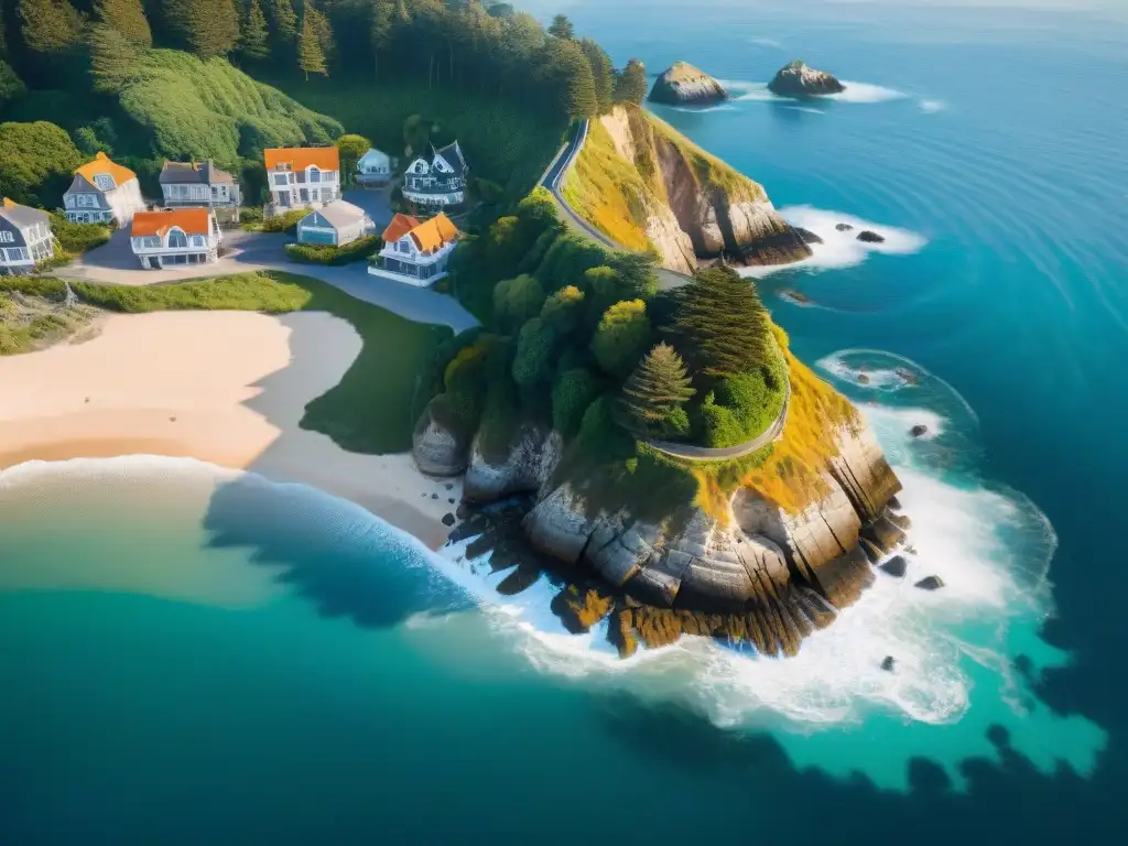 Costa paradisíaca: viviendo en armonía con el mar Vibrante imagen aérea de la costa con propiedades comerciales y residenciales, fusionando naturaleza y hábitat humano