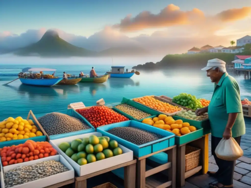 Mercado costero al atardecer: jubilados disfrutan de la vida local Un vibrante mercado costero al atardecer, con vendedores locales y jubilados disfrutando de la atmósfera